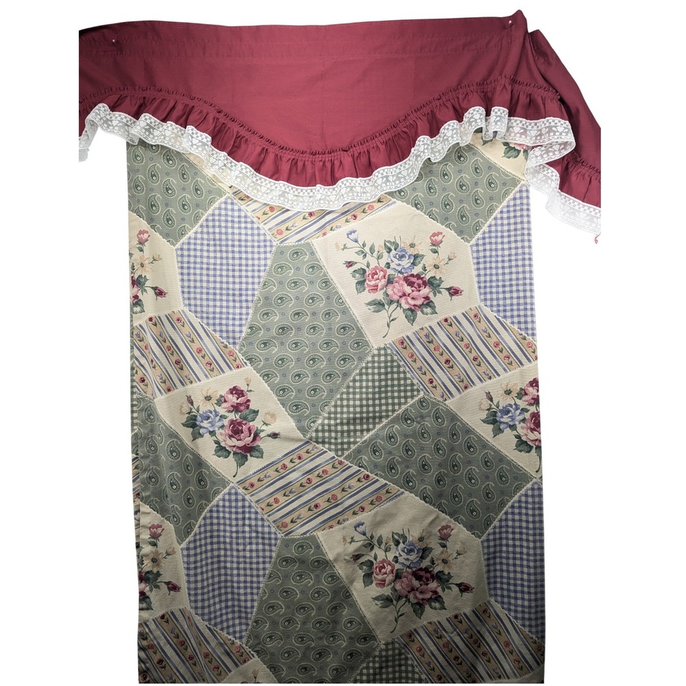 Bacova Floral Patchwork Shower Curtain Burgundy‎ Ruffle Lace 68x68 Cotton USA